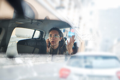 Buy stock photo Phone call, taxi mirror and woman stress, consulting problem or frustrated with urban city traffic, crisis or schedule. Travel risk, car transport fail or reflection of late person on morning journey