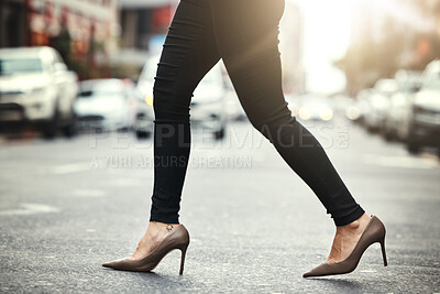 Buy stock photo High heels, business and woman crossing the street closeup in a city on her commute to work. Feet, fashion and a female employee walking on an asphalt road in an urban town for a professional career