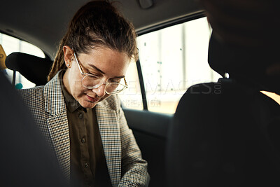 Buy stock photo Taxi, car and business woman travel or commute in a vehicle ride and transport backseat in the morning to work. City, drive and professional person, employee or passenger in a trip or journey