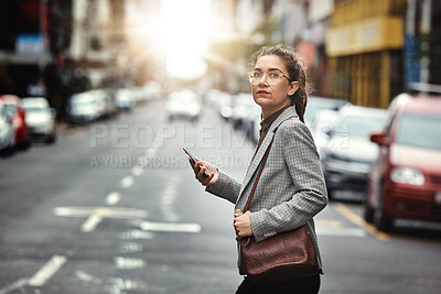 Buy stock photo Phone, portrait of woman and cross street for journey, sunset commute and social media on internet. Mobile, consultant and person walk in city on smartphone for business, cbd travel and lens flare