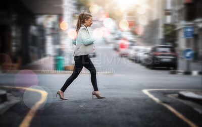 Buy stock photo Walking, business and a woman crossing a street in the city while in a rush or late for work. Road, pedestrian and travel with a young female employee on her commute in an urban town for opportunity