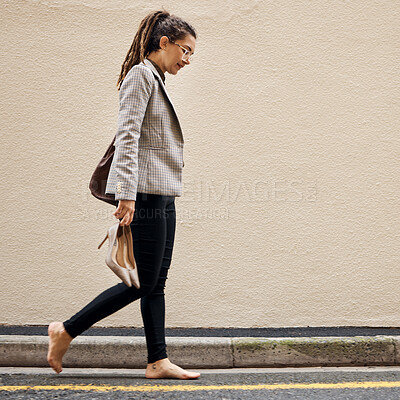 Buy stock photo Tired, depression and business woman in city for thinking, fatigue and fear. Burnout, mental health and mistake with female employee walking in street for sad, failure and crisis with wall mockup