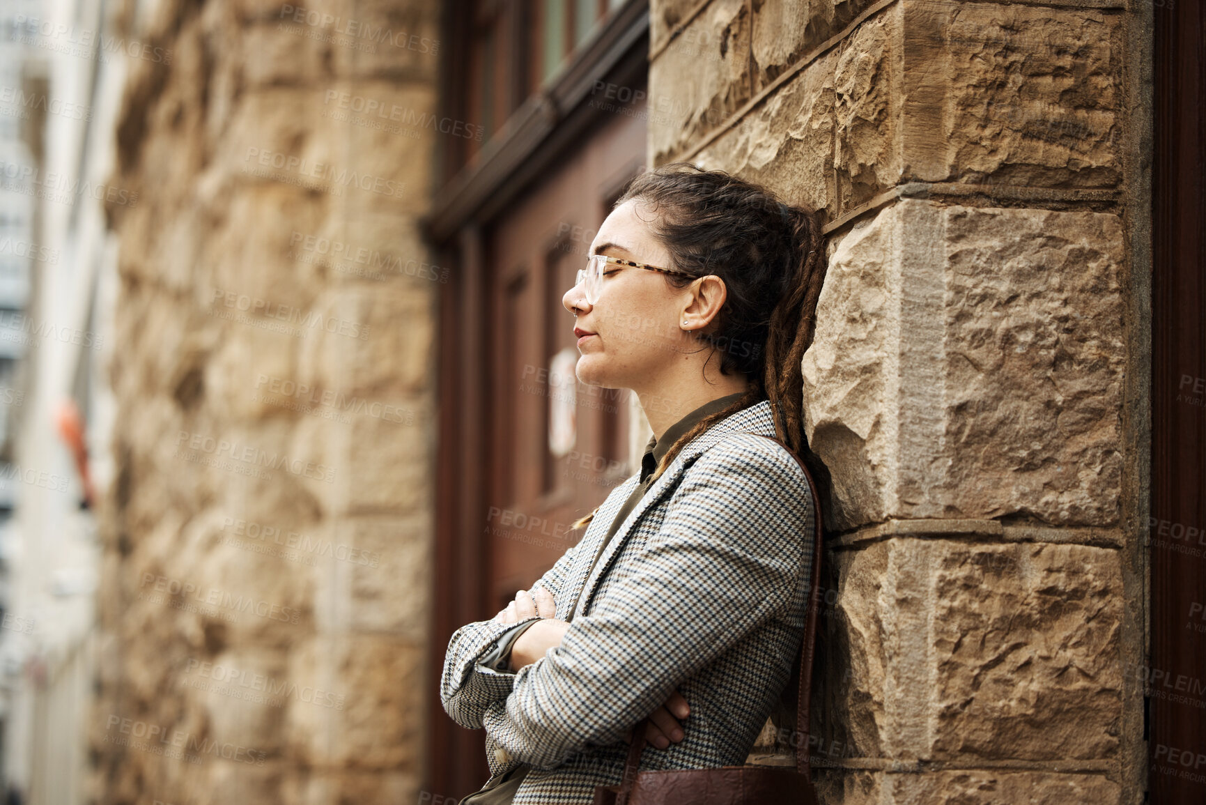 Buy stock photo Travel, stress and a tired corporate woman in the city during unemployment or a financial crisis. Mental health, depression or fatigue with an exhausted employee in debt after bankruptcy or a mistake