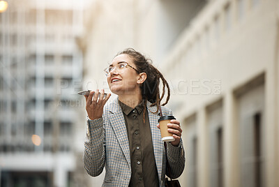 Buy stock photo Speaker phone call, outdoor and professional woman walking, planning and talk with business contact. Voice note, coffee break and female consultant on morning consultation, work trip or city commute