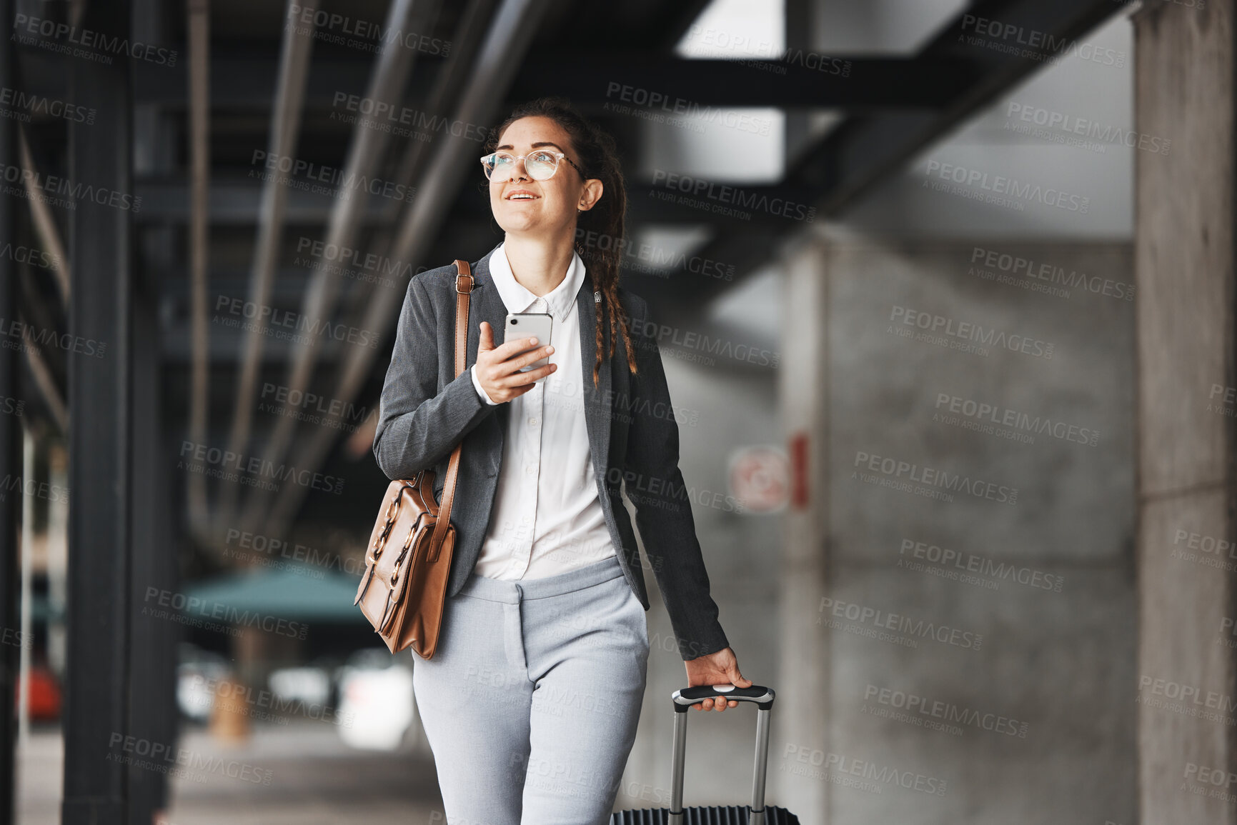 Buy stock photo Phone, vision and luggage with a business woman walking in an airport parking lot outdoor in the city. Mobile, suitcase and travel with a young female professional on an international trip for work