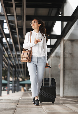 Buy stock photo Phone, travel and suitcase with a business woman in an airport parking lot walking outdoor in the city. Mobile, luggage and commute with a young corporate professional on an international work trip