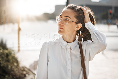 Buy stock photo City, thinking and business woman on a sidewalk with travel, commute and urban journey. Road, outdoor and female professional in the morning traveling for work, career and job in New York on street