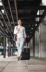 Phone, thinking and suitcase with a business woman walking in an airport parking lot outdoor in the city. Mobile, luggage and travel with a young female employee on an international trip for work