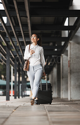 Buy stock photo Phone, thinking and suitcase with a business woman walking in an airport parking lot outdoor in the city. Mobile, luggage and travel with a young female professional on an international trip for work