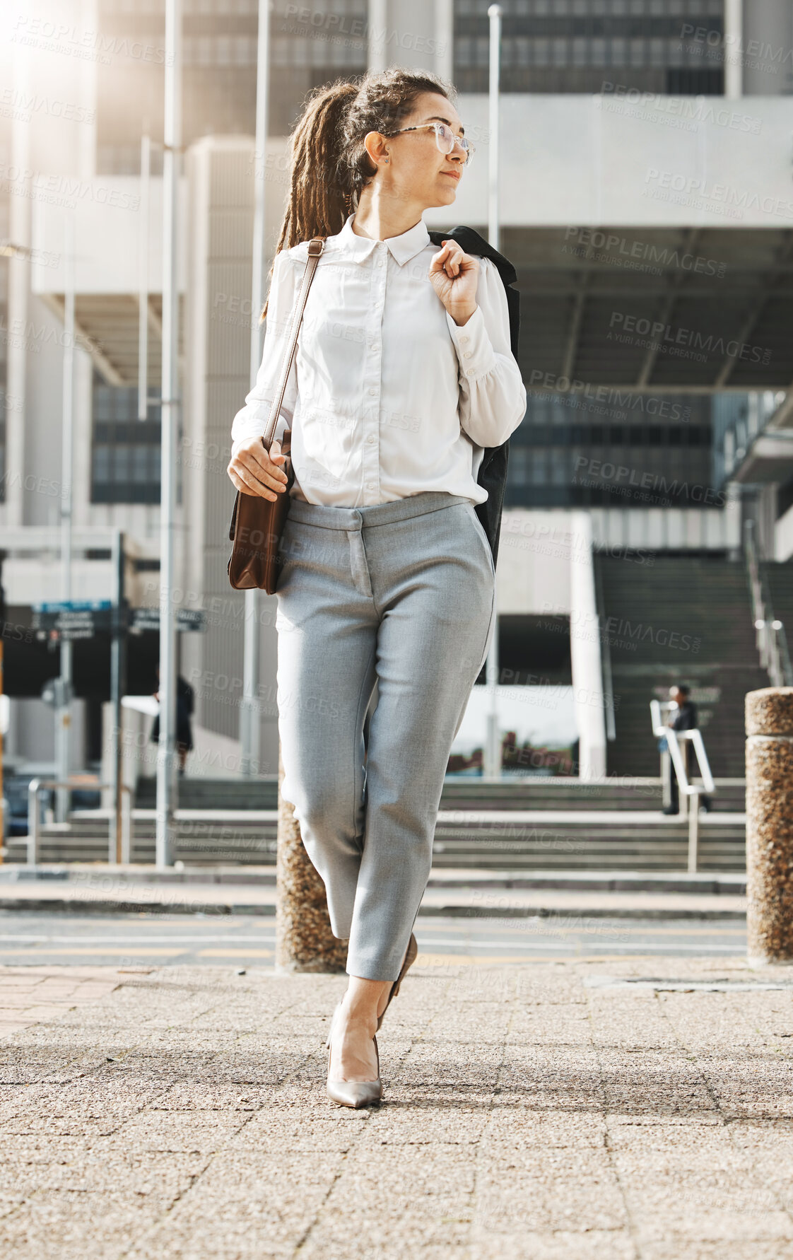 Buy stock photo City, walking and business woman on a sidewalk with travel, commute and urban journey. Road, outdoor and female professional in the morning traveling for work, career and job in New York on street