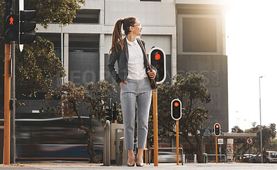 Buy stock photo City, walking and woman on a crosswalk wait with travel, business commute and urban journey. Road, outdoor and female professional in morning traveling for work, career and job in New York on street