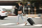 Business travel, phone and business woman with luggage in city street for location, search or texting. Smartphone, app and lady with suitcase in New York online for transport, taxi or service request