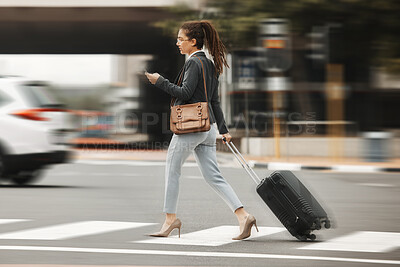 Buy stock photo Business travel, phone and woman with luggage in city street for location, search or texting. Smartphone, app and blur with suitcase in New York online for fast transport, taxi or service request