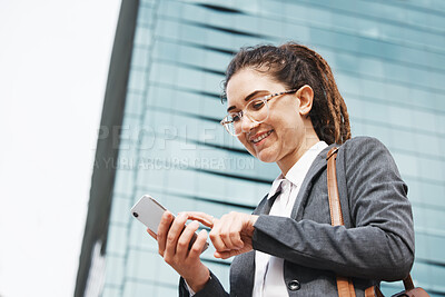 Buy stock photo Business, city and woman with a smartphone, typing and travel with connection, social media and email. Female person, worker outdoor and consultant with a cellphone, mobile app and sms with message