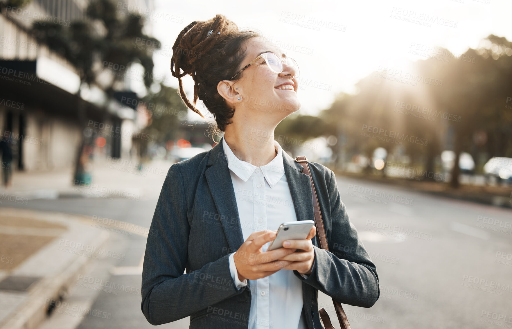 Buy stock photo Happy, thinking and a woman with a phone in the city for social media, communication or an email. Smile, idea and a young corporate professional with a mobile for an app in the street in the morning
