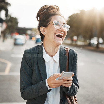 Buy stock photo Laughing, typing and a woman with a phone in the city for social media, communication or an email. Smile, meme and a funny corporate employee with a mobile for an app in the street in the morning