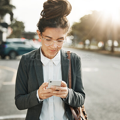 Buy stock photo Search, phone and business woman in city street for location, tracking and walking on urban road. Smartphone, social media and female online for map, networking and travel text communication