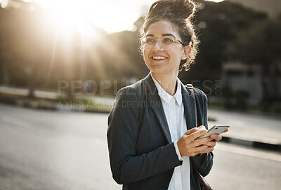 Buy stock photo Employee, thinking and woman with a smartphone, outdoor and happiness with connection, social media and sms. Female person, worker in a city and consultant with a cellphone, opportunity and message