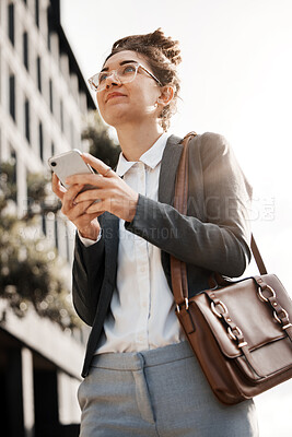 Buy stock photo Business, city and woman with a cellphone, thinking and travel with internet connection, network and opportunity. Person, worker in a street and consultant with a smartphone, navigation app or  ideas