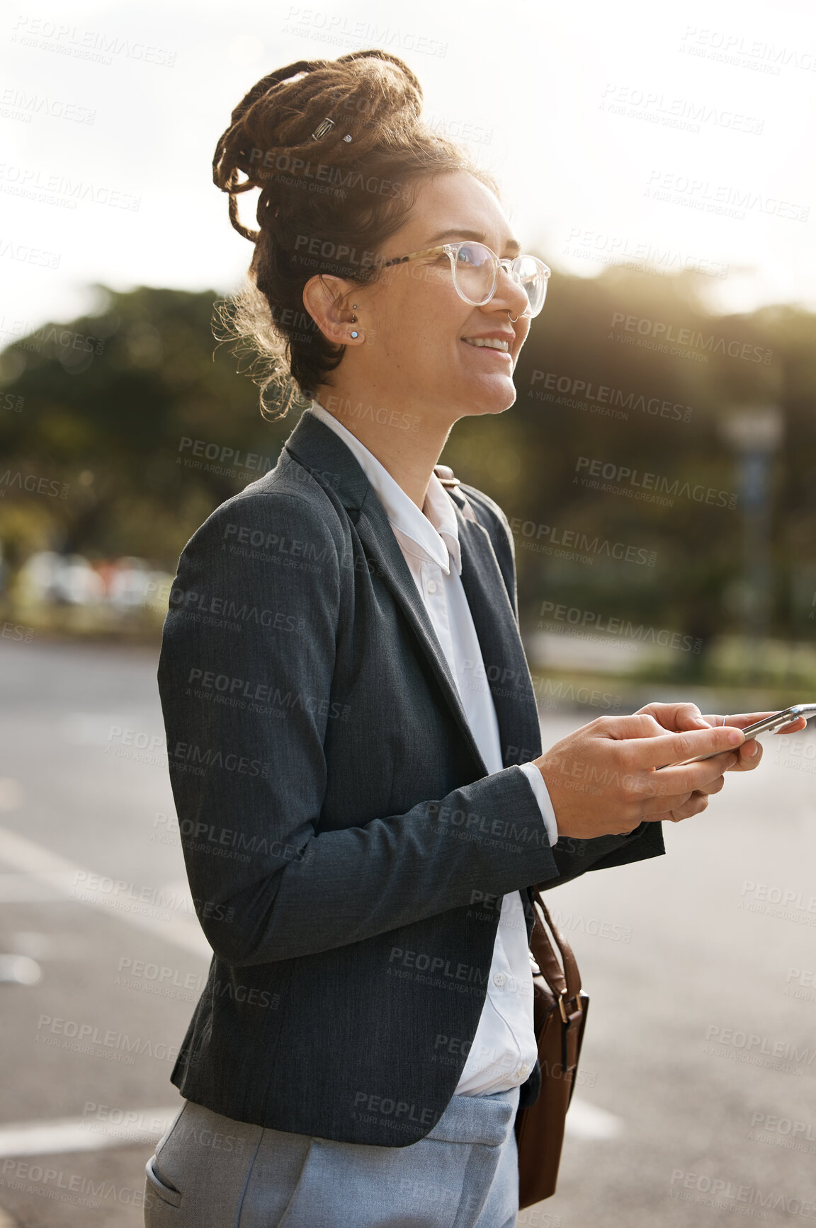 Buy stock photo Employee, street and woman with a smartphone, thinking and travel with social media, mobile app and email. Female person, agent in a city or consultant with a cellphone, internet connection and ideas