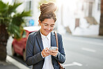 Corporate, street and woman with a smartphone, typing and travel with network, online reading and social media. Female person, employee in a city and consultant with a cellphone, mobile app and email