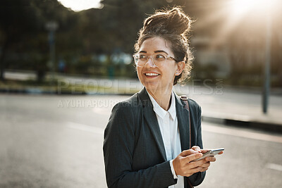 Buy stock photo Thinking, city and woman with a cellphone, employee and travel with social media, opportunity and email. Female person, ideas or consultant with a smartphone, street and sms with message and decision