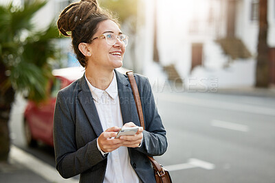 Buy stock photo Business, city and woman with a cellphone, thinking and travel with connection, social media and opportunity. Person, employee outdoor and agent with a smartphone, mobile app and ideas with happiness