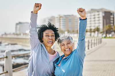 Buy stock photo Fist pump, women and portrait, fitness success and senior friends with winning and workout goals outdoor. Team, happiness and female people with cheers, exercise together at beach and celebration