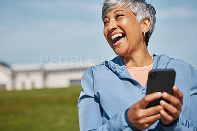 Buy stock photo Funny, social media and fitness with old woman and phone for running, workout and mockup. Network, communication and contact with female runner laughing in nature for technology, sports or mobile app
