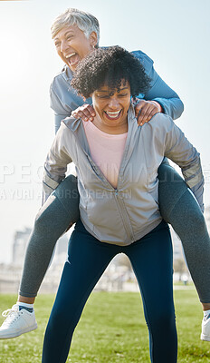 Buy stock photo City, funny and senior friends piggy back together or women playing, crazy and laughing after outdoor exercise. Health, wellness and goofy elderly people bonding with humor or comedy after workout