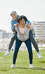 City, funny and senior women piggyback together playing, crazy and funny with as friends for outdoor exercise. Health, wellness and portrait of crazy elderly people bonding and laughing after workout