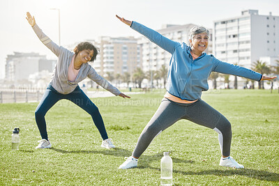 Buy stock photo Women, senior and stretching in park, fitness and wellness with flexibility and start workout outdoor. Female people, friends with pilates or running in nature, training and exercise with vitality