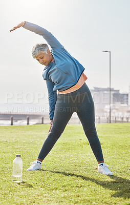 Buy stock photo Senior woman, stretching and exercise in park with health, wellness and training in nature. Pilates, body and female person outdoor, fitness and warm up with workout routine, vitality and active