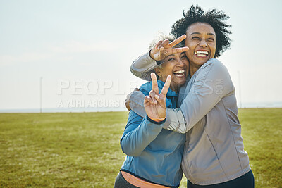 Buy stock photo Senior, women hug and fitness, peace hand sign and portrait with friends, energy and playful outdoor. Happy female people, friendship and cool with sportswear in park, exercise and fun together