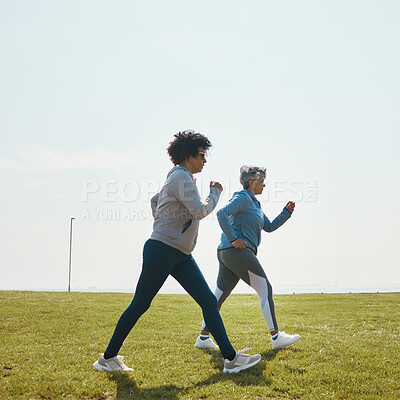 Buy stock photo Women speed walking, fitness and cardio outdoor with training and energy with mockup space. Female people, team in park with exercise and race with sports and athlete, health and wellness in nature