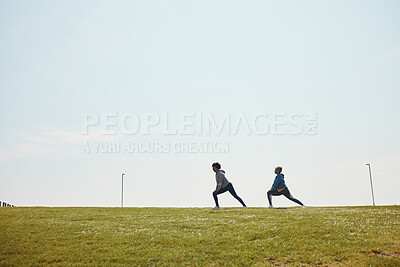 Buy stock photo People stretching, fitness and start run outdoor, flexibility and training for marathon with mockup space. Runner team in park, exercise and race warm up, sports and athlete, health and wellness