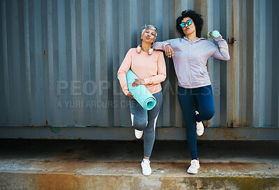 Buy stock photo Senior women, exercise and portrait, cool and urban with workout equipment, friends and training together. Active female people, fitness fashion and yoga mat with dumbbell, sportswear and vitality