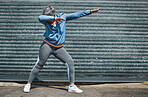 Woman, fitness and dab dance outdoor at training, exercise or workout achievement with celebration. Mature runner lady, comic dancing and winner in city with mindset, freedom or commitment to health