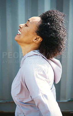 Buy stock photo Breathe, fitness and happy black woman in city for exercise, training and workout in morning. Sports, freedom and face of person relax after running for healthy body, wellness and fresh air outdoors