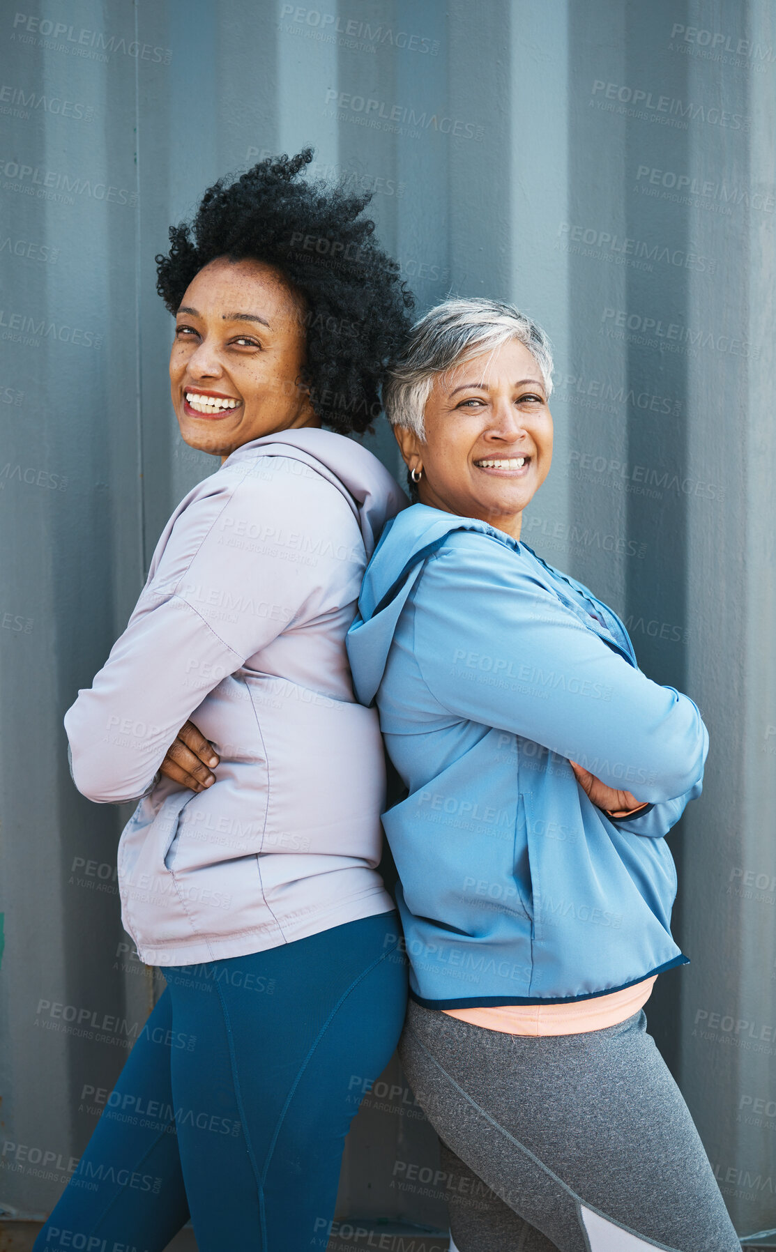 Buy stock photo Happy, fitness and portrait of senior women bonding and posing after a workout or exercise together. Happiness, smile and elderly female friends or athletes in sportswear after training by a wall.