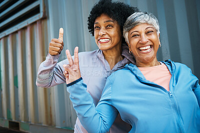 Buy stock photo Sports, thumbs up and portrait of senior women bonding and posing after a workout or exercise together. Happy, smile and elderly female friends or athletes with agreement hand gesture after training.