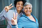 Fitness, peace sign and portrait of senior women bonding and posing after a workout or exercise together. Happy, smile and elderly female friends or athletes with hipster hand gesture after training.