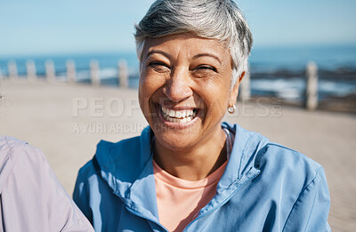 Buy stock photo Senior, fitness and portrait of happy old woman at a beach for walking, running or morning cardio in nature. Smile, face and cheerful elderly female at the sea for workout, freedom and fresh air walk