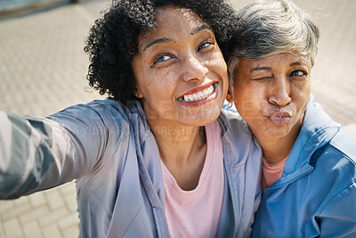 Buy stock photo Senior selfie, funny and women on the sidewalk for a memory, family together or quality time. Smile, comic and elderly friends taking a crazy photo in the street for community or travel in retirement