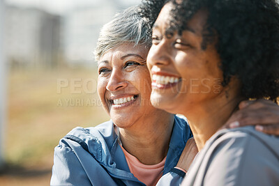 Buy stock photo Senior women, hug and smile closeup with fitness and exercise outdoor for health. Elderly people, sport training and happy friends with excited bonding and embrace after running of a mature athlete