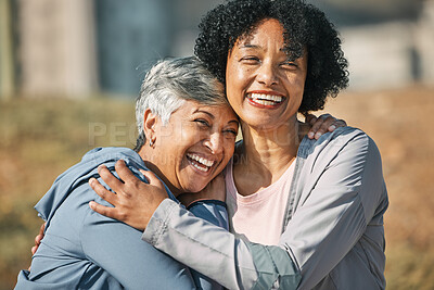 Senior women, hug and laugh closeup with fitness and exercise outdoor for health. Elderly people, sport training and happy friends with excited bonding and embrace after running of a mature athlete