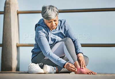 Buy stock photo Foot, pain and old woman with injury, fitness outdoor and medical emergency and inflammation with red overlay. Muscle tension, osteoporosis or fibromyalgia with health, exercise and female person