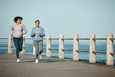 Buy stock photo Mockup, running and women by beach for fitness together as morning exercise for wellness and outdoor bonding. Health, endurance and people training for marathon in Cape Town for sports workout
