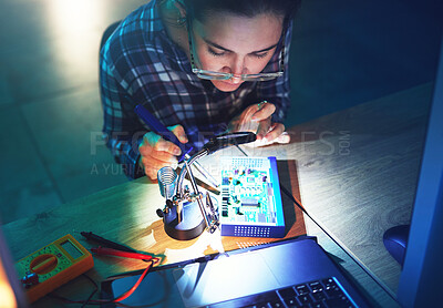 Buy stock photo Woman, technician and motherboard with microchip, electronics or soldering iron in top view at laboratory. Information technology, circuit board or programming for future, hardware and system upgrade