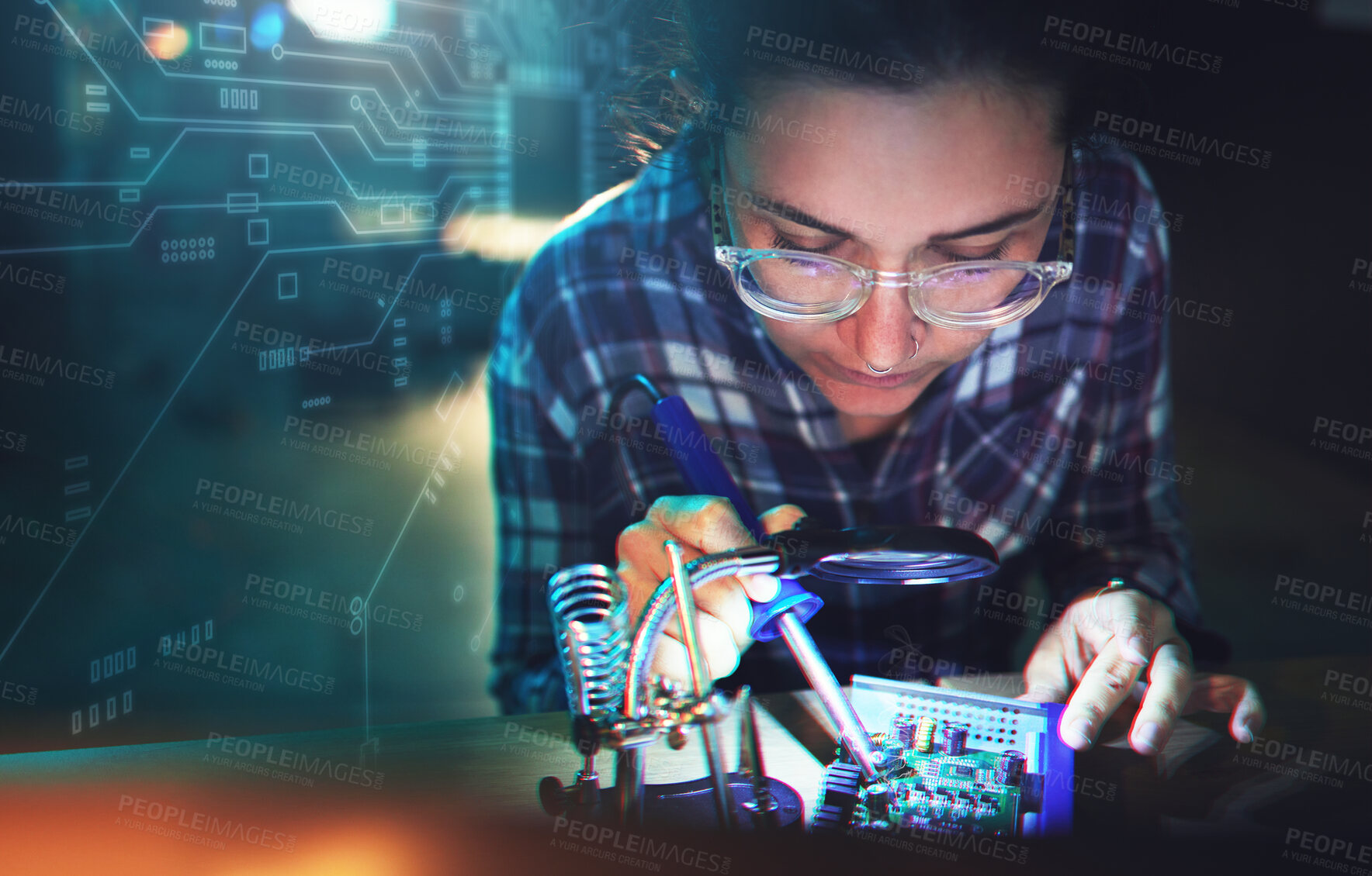 Buy stock photo Woman, engineer and motherboard with microchip, electronics or soldering iron with holographic overlay. Information technology, circuit board or programming for future, hardware or system development